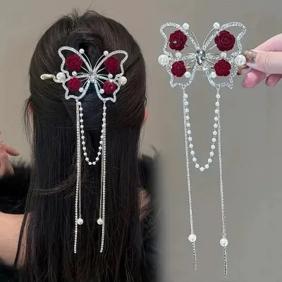  Rose Butterfly Pearl Tassel Hair Clip